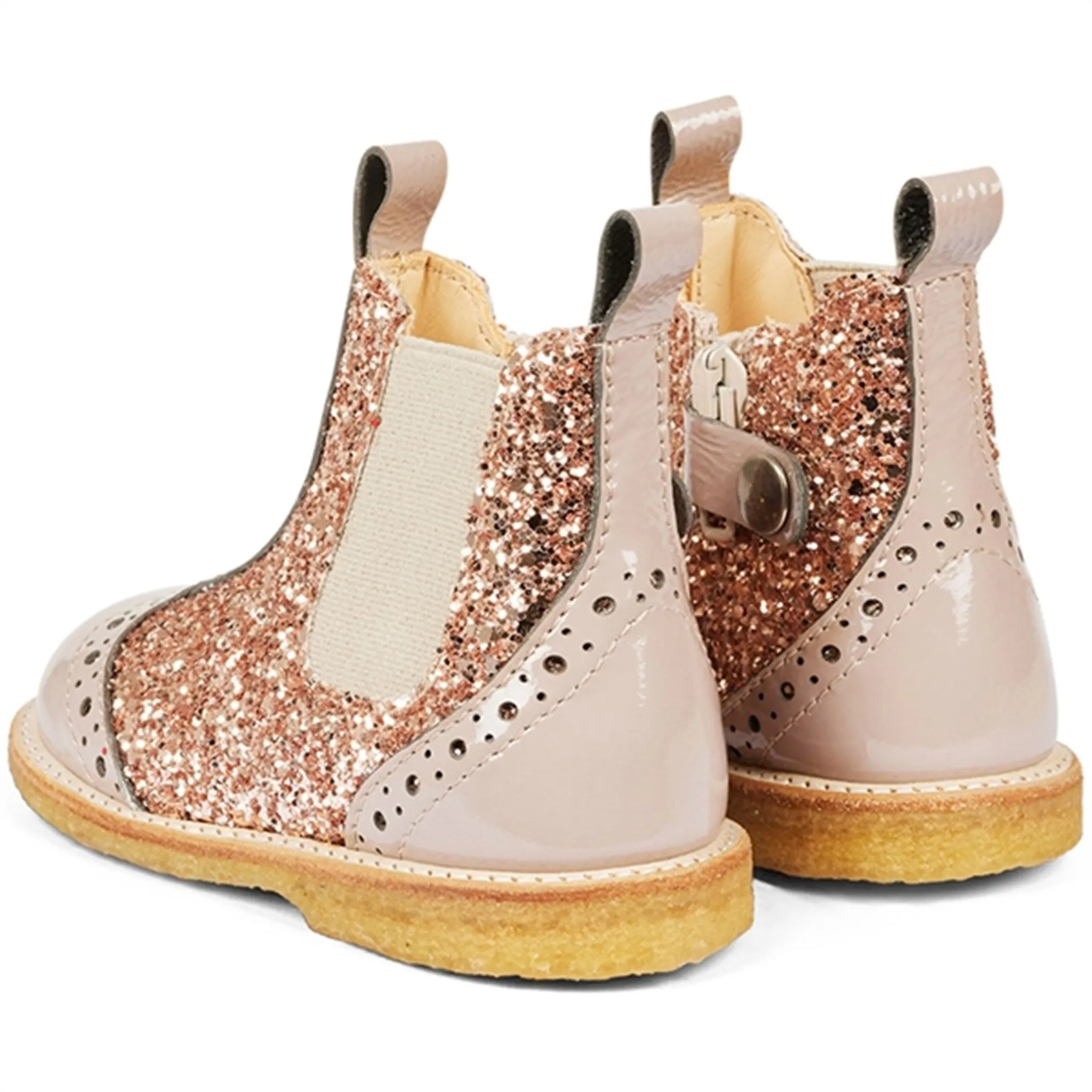 Low Profile Silhouette Comfort Grip Angulus Starter Chelsea Boots With Zipper Dusty Almond/Maple Glitter/Elastic