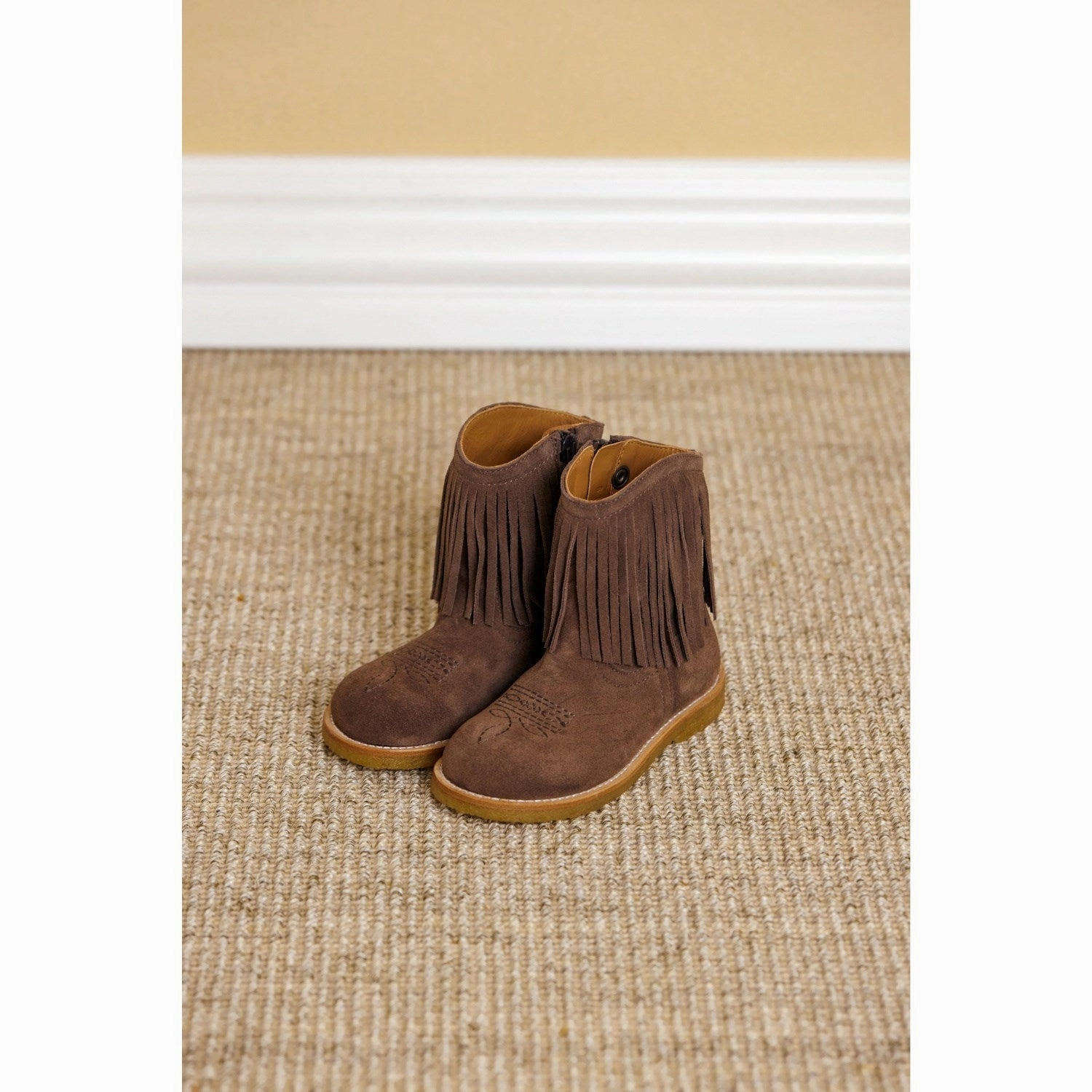 Reinforced Form Mountain Hike Angulus Dark Taupe Fringed Cowboy Boot with Embroidery