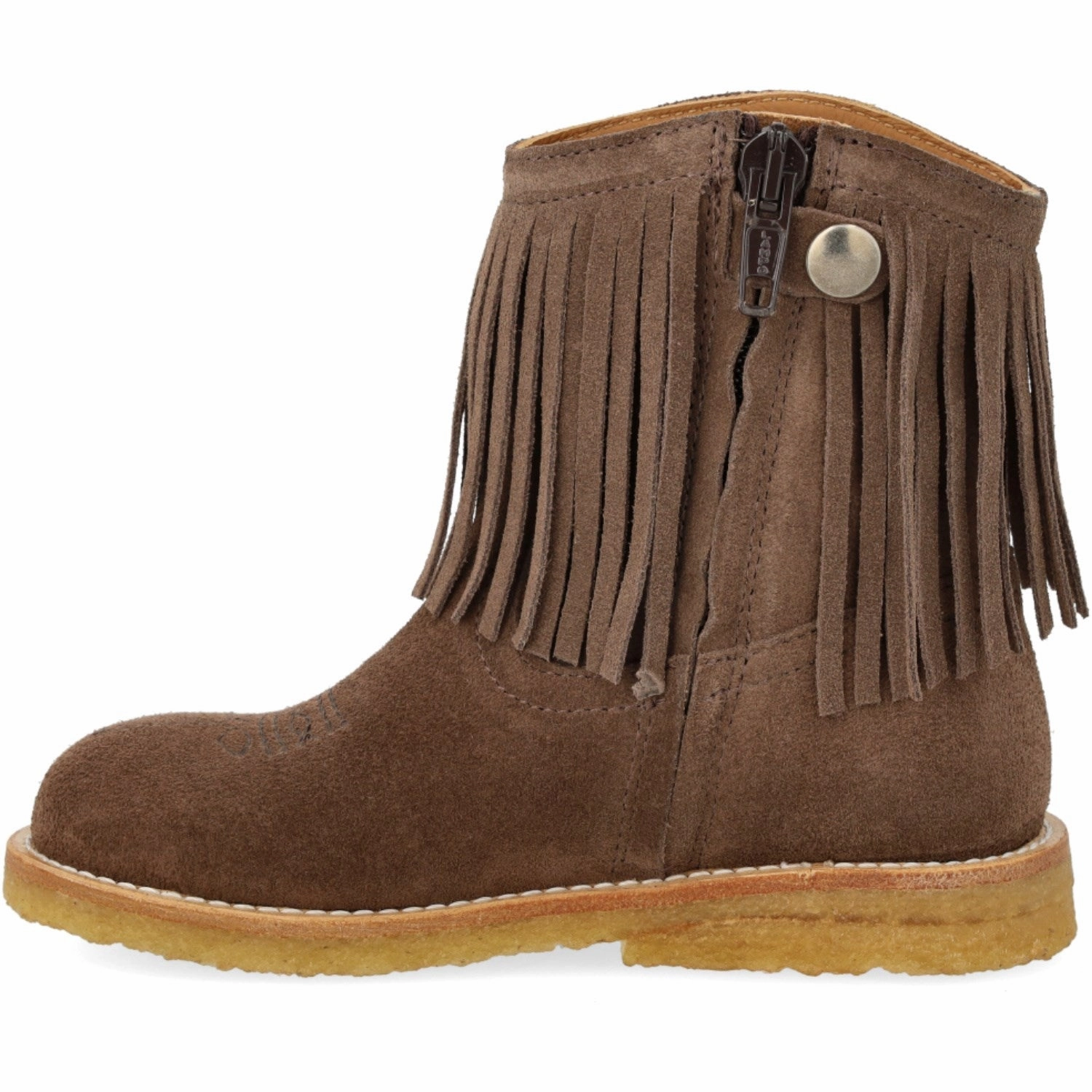 Ankle Lock Thermoplastic Urethane Outsole Angulus Dark Taupe Fringed Cowboy Boot with Embroidery