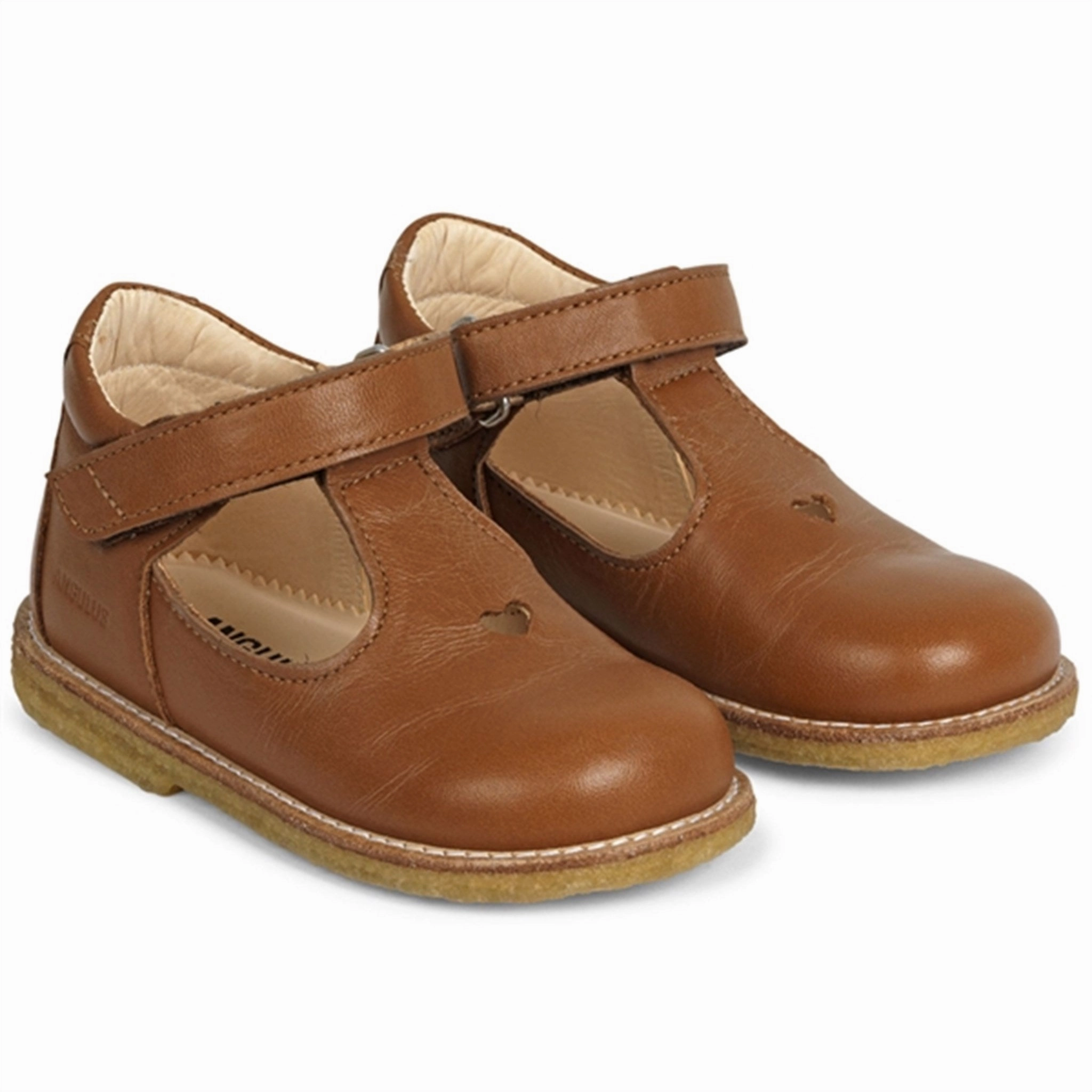 Angulus Mary Jane Shoes w. Heart and Velcro Cognac 3267-101-1545 Quick Outing Retro Tone
