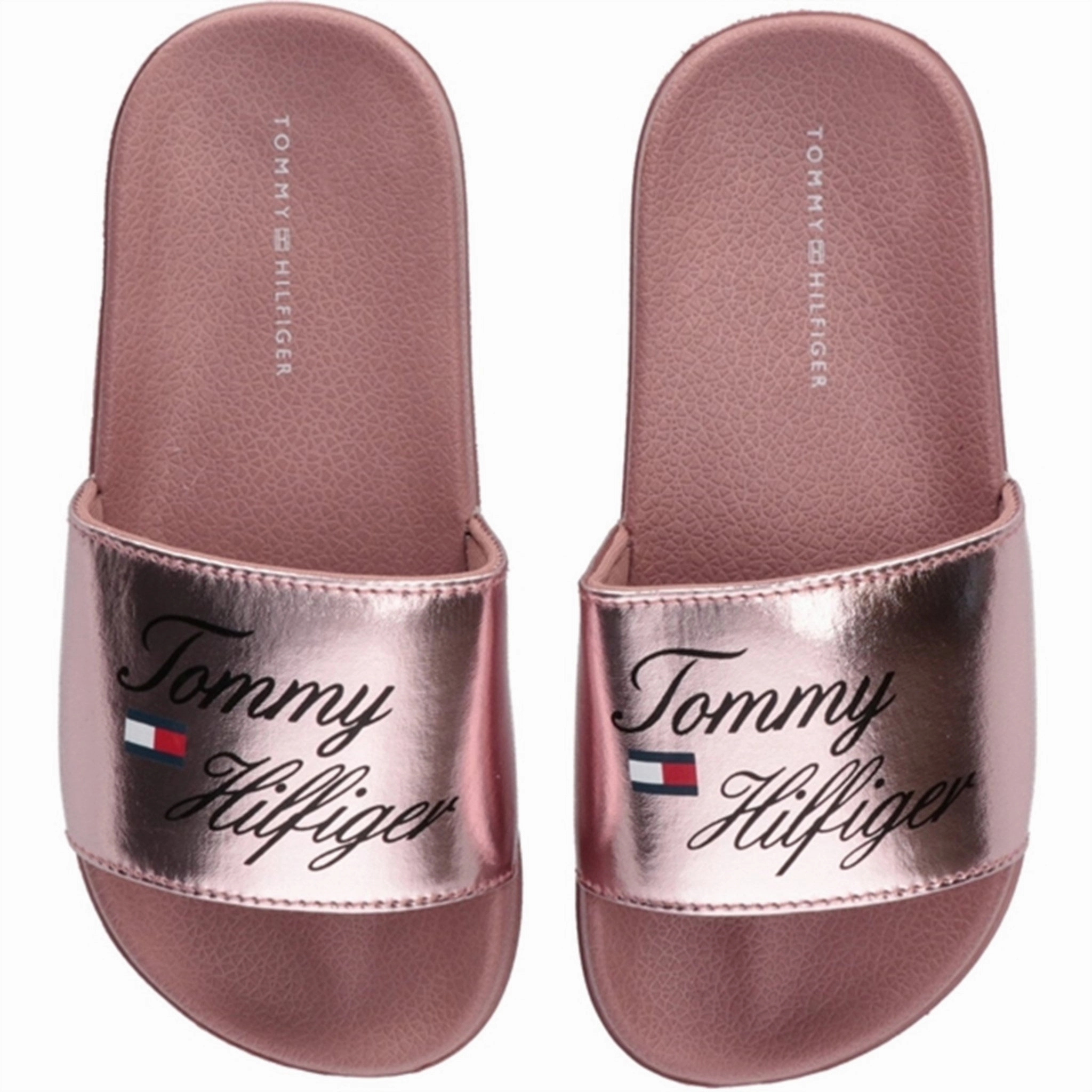 Tommy Hilfiger Logo Pool Slide Rose Gold Soft Sole Comfortable Travel Sandals