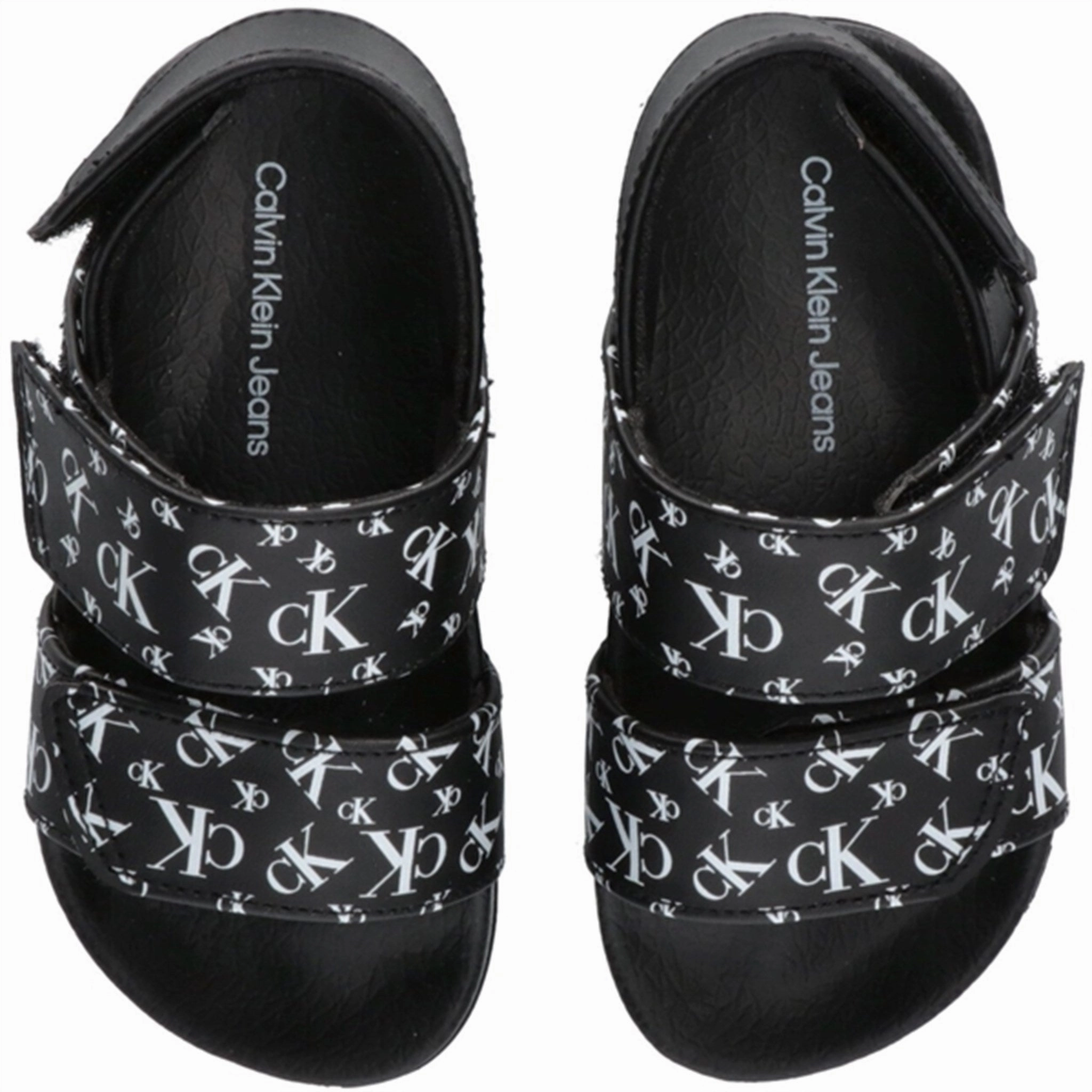 Durable Buckle Closure Vacation Fit Calvin Klein Logo All Over Velcro Sandal Black