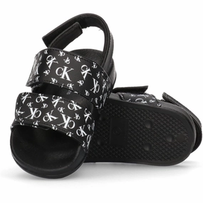 Calvin Klein Logo All Over Velcro Sandal Black Anti Bacterial Footbed