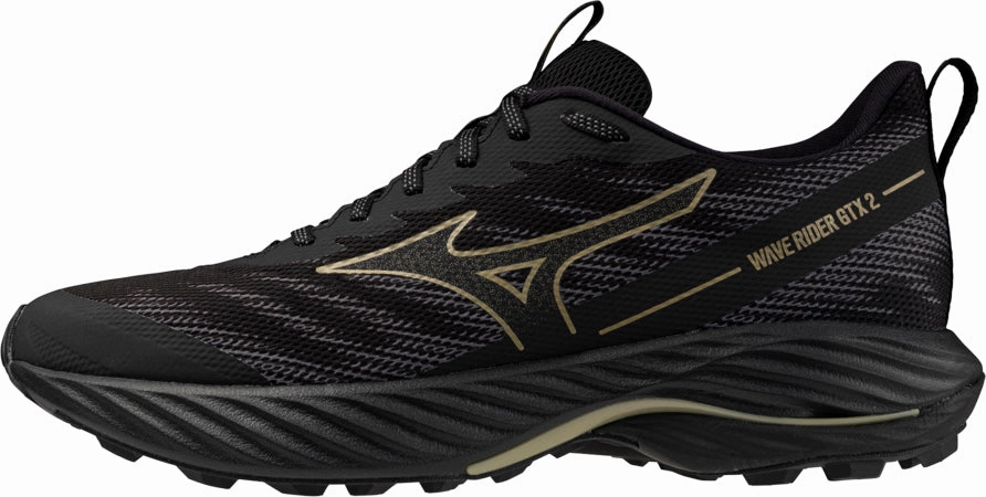 elevated - heel - feature shoes fall running footwear Mizuno Wave Rider GORE-TEX 2 Mens Trail Running Shoes - Black