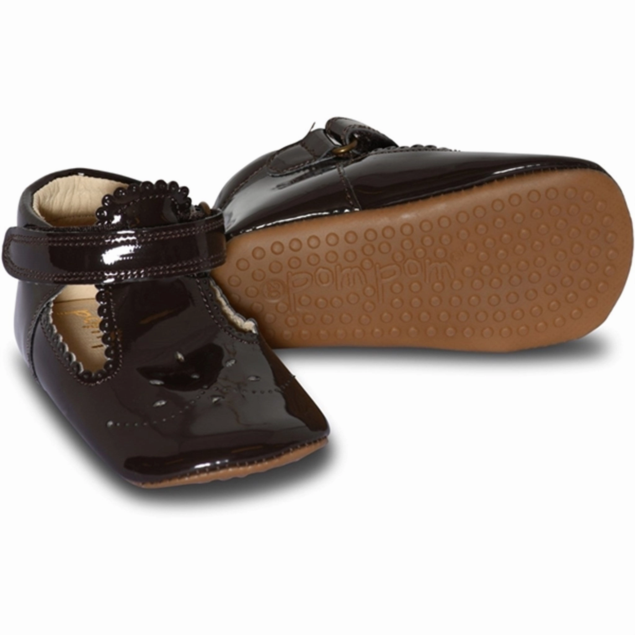 Pom Pom? Indoor Shoes T-bar Mocca Laquer Handmade