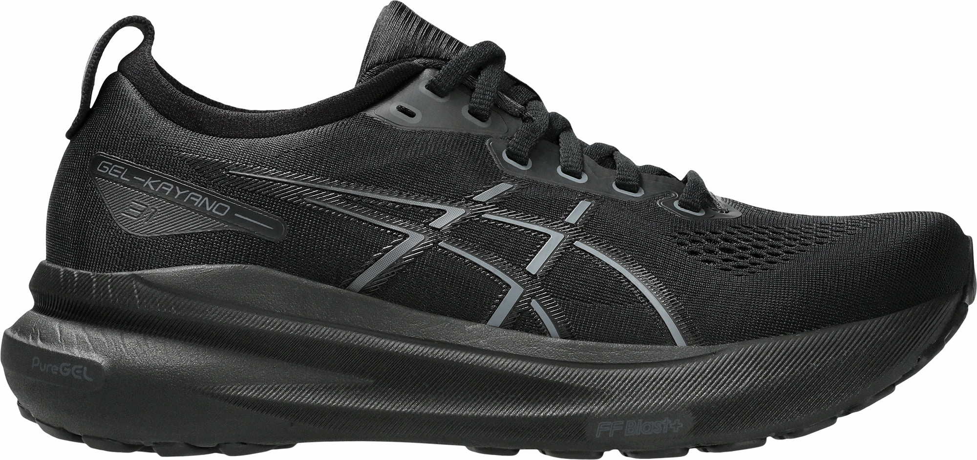 Asics Gel Kayano 31 Womens Running Shoes - Black running in a city park shoes upcycled - material - feature shoes