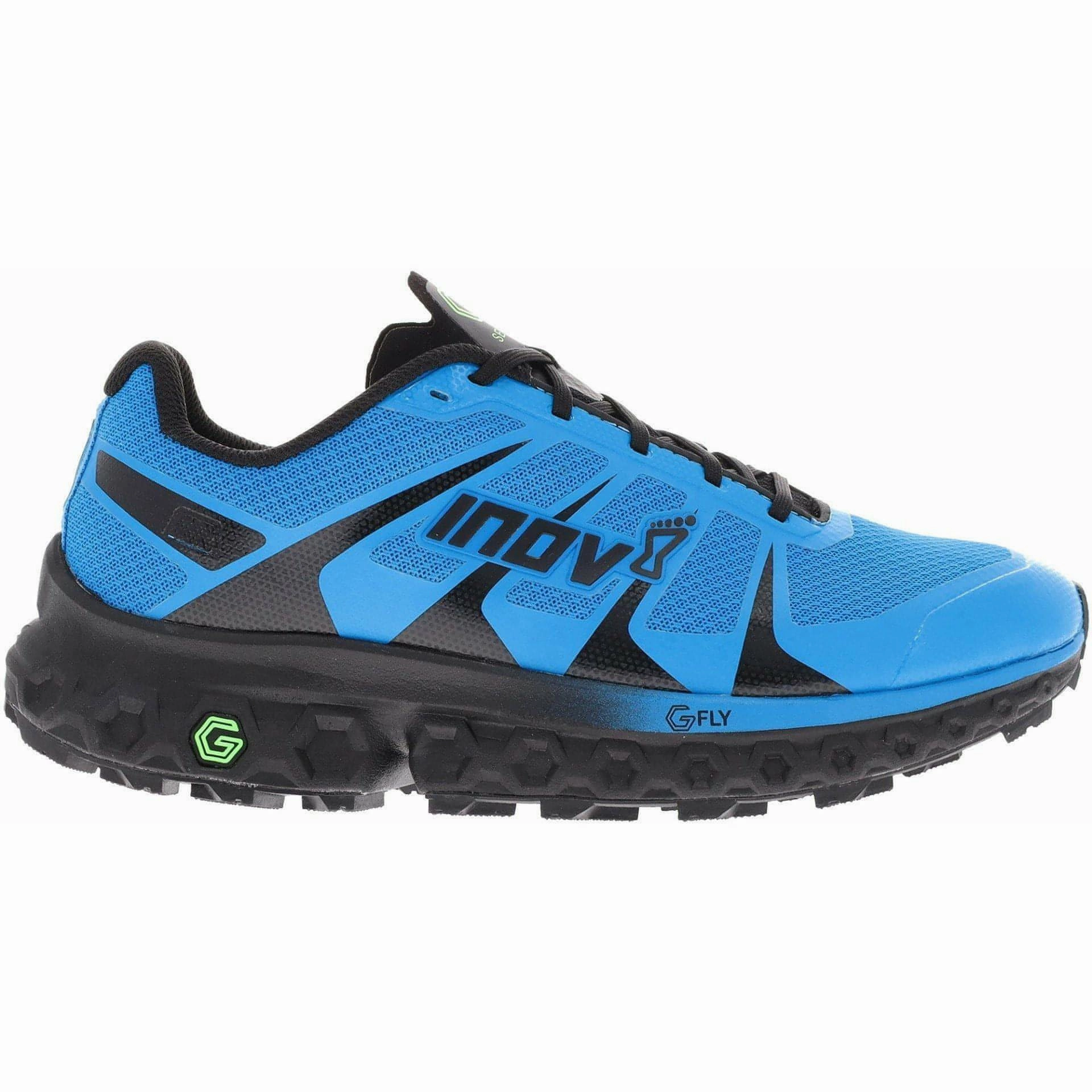 running on an outdoor track shoes Inov8 TrailFly Ultra G 300 Max Mens Trail Running Shoes - Blue