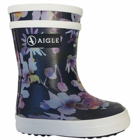 Textured Grip Pattern Aigle Baby Flac Wellies Dark Flowers