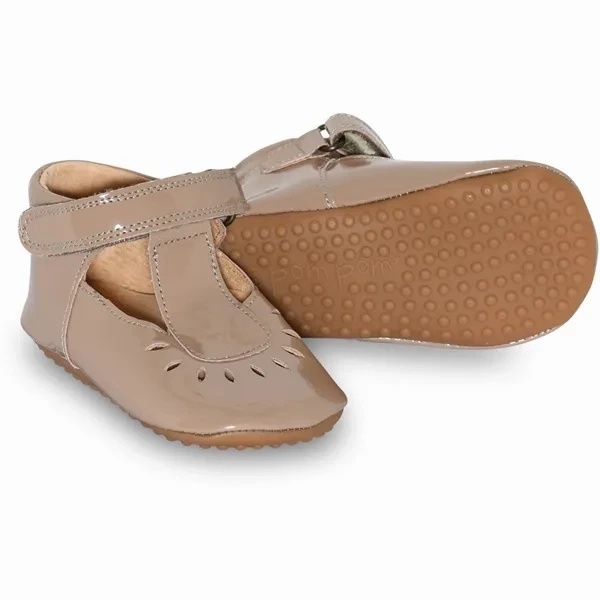 User-Friendly Pom Pom Indoor Shoe Ballerina Pattern T-Bar Latte Patent