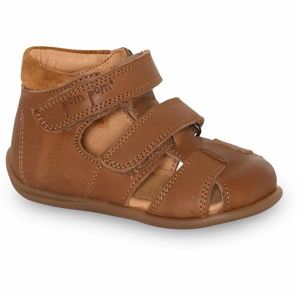 Lounge Mood Contoured Heel Pom Pom Sandal Two Velcro Camel