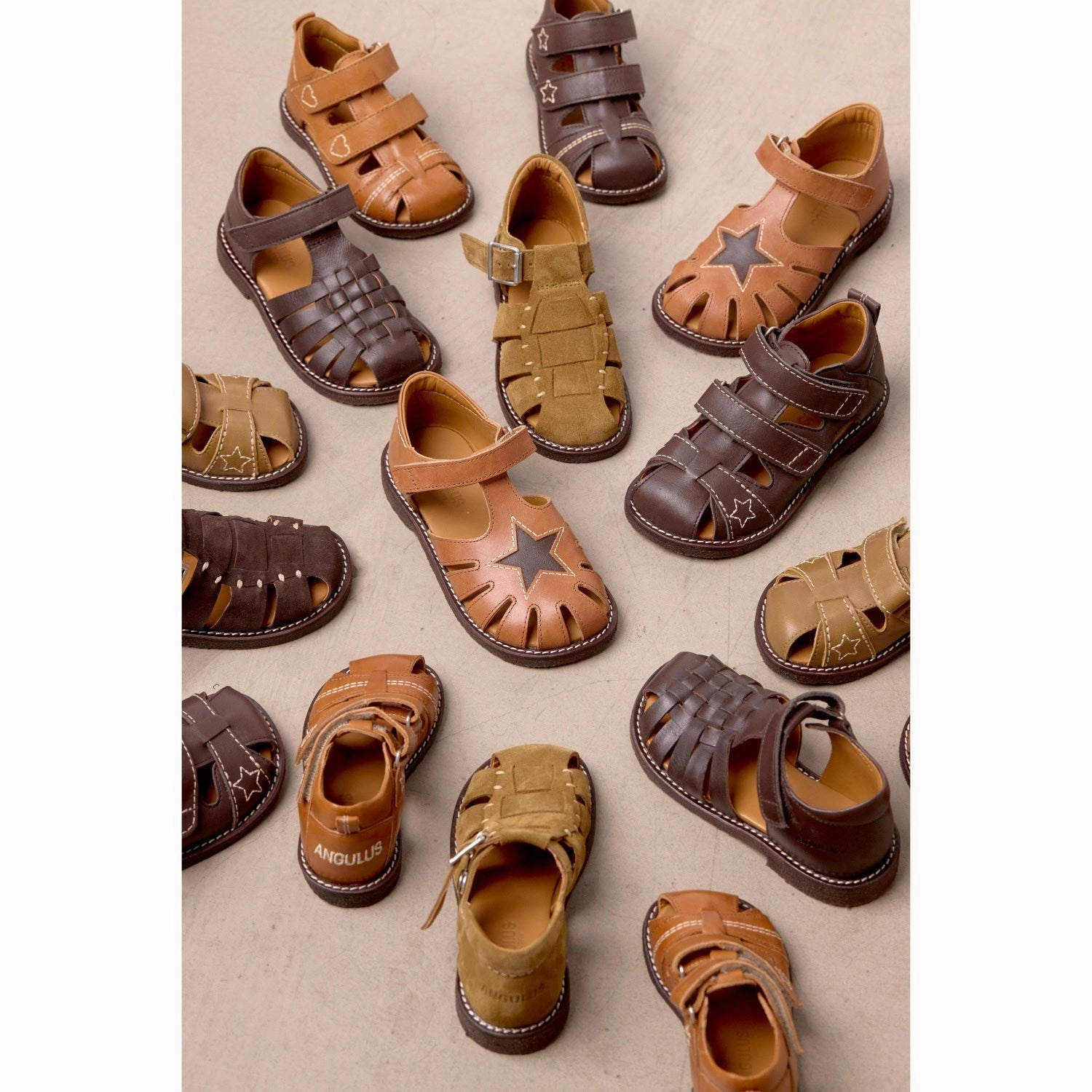 Angulus Tan/Dark Brown Leather Sandal with Star Detail Flat Comfort Minimal Cool