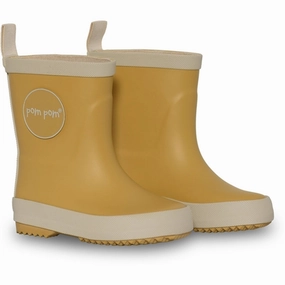 Pom Pom Rubber Boot Dusty Yellow Comfort Straps Velvet Texture