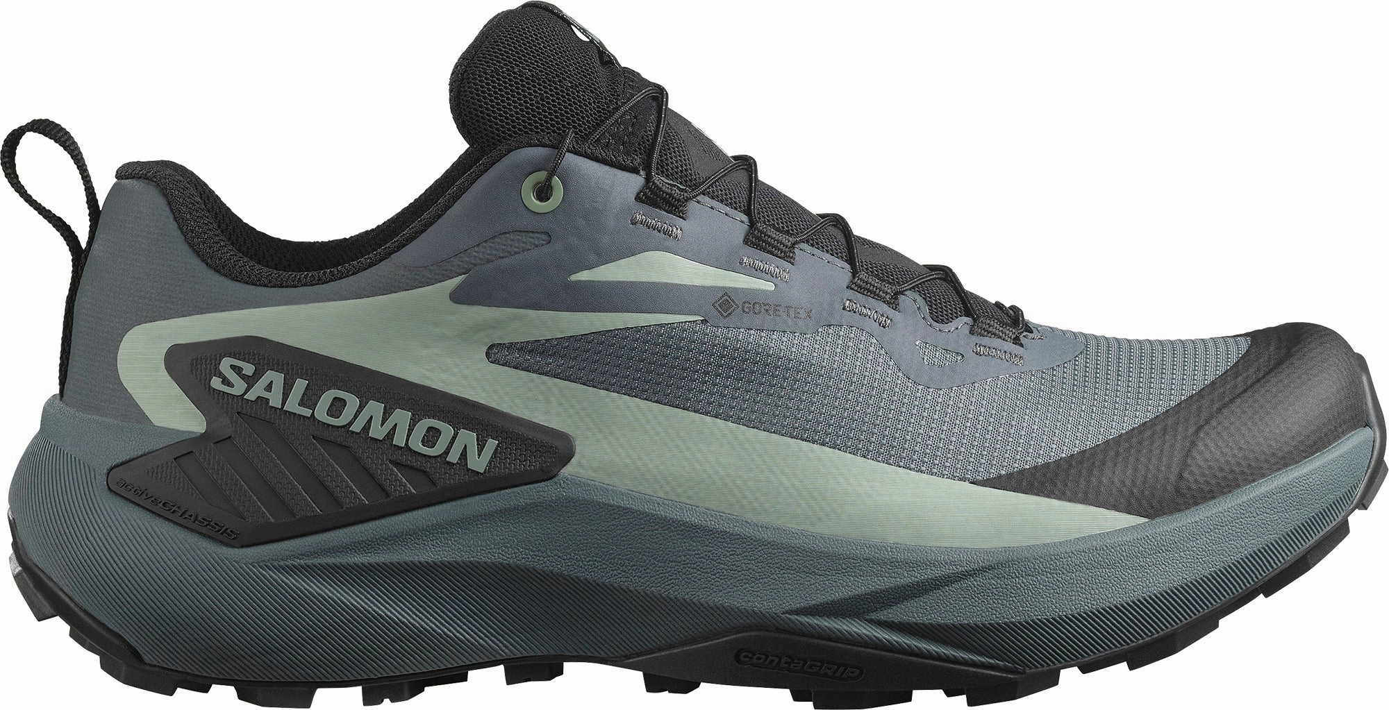 Salomon Genesis GORE-TEX Womens Trail Running Shoes - Grey running on a wooden track shoes city - running