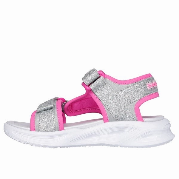 Bacteria Inhibiting Fabric Loafer Style Skechers Sola Glow Sandal Silver Hot Pink