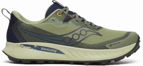 Saucony Peregrine 15 GORE-TEX Mens Trail Running Shoes - Green air - cushioned sole shoes Synthetic Overlay Details
